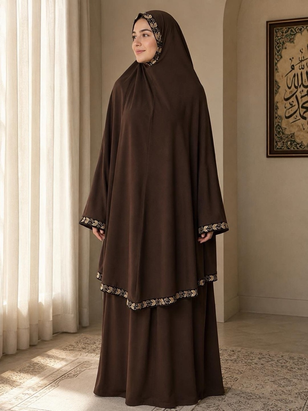 Brown Modest Two-Piece Prayer Set with Floral Trim